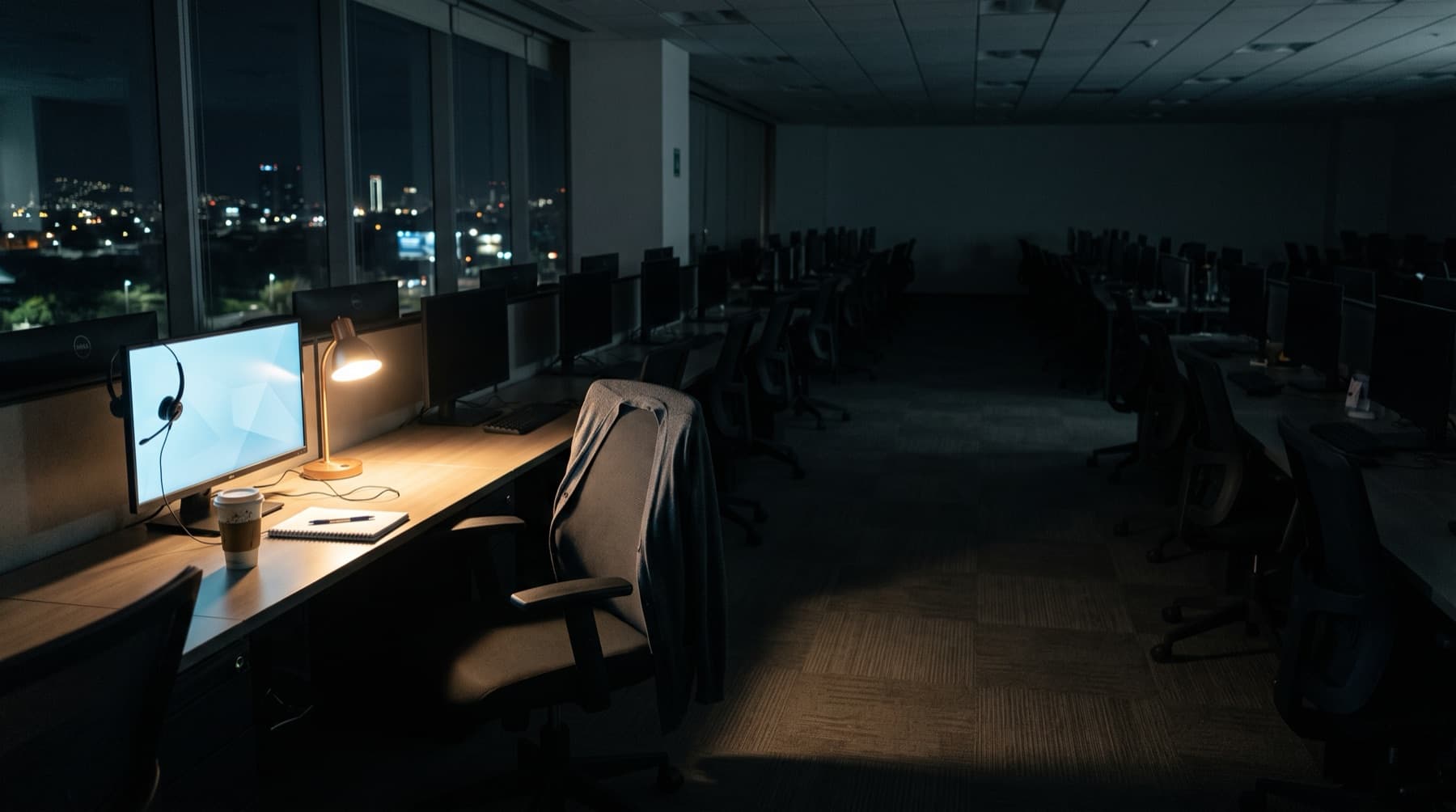 Piso de contact center vacío de noche, con una sola estación de trabajo encendida