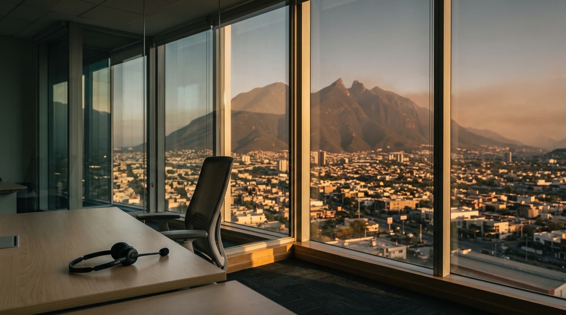 Oficina vacía al atardecer con vista al Cerro de la Silla en Monterrey y una diadema sobre el escritorio