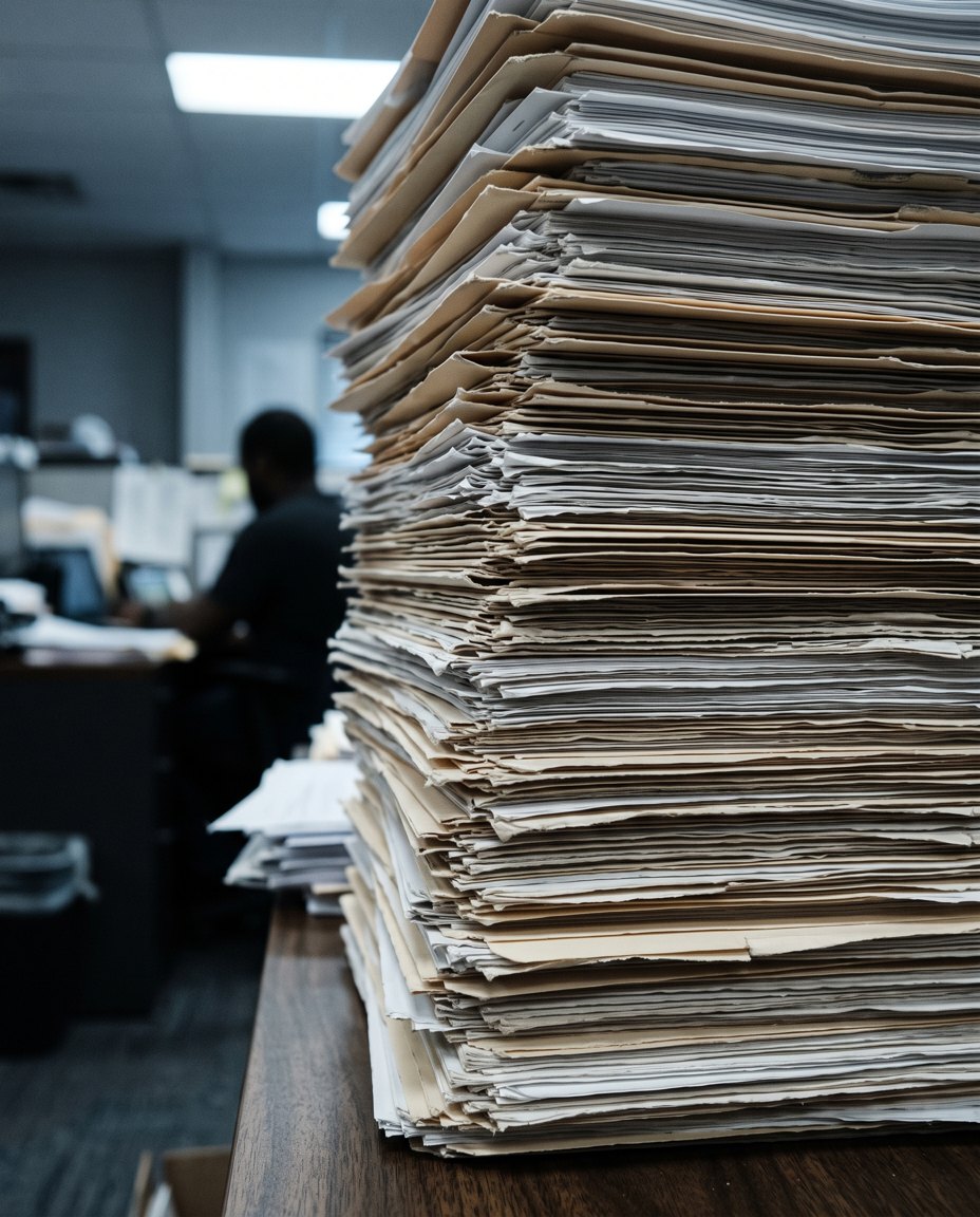 Pilas de expedientes en papel sobre un escritorio